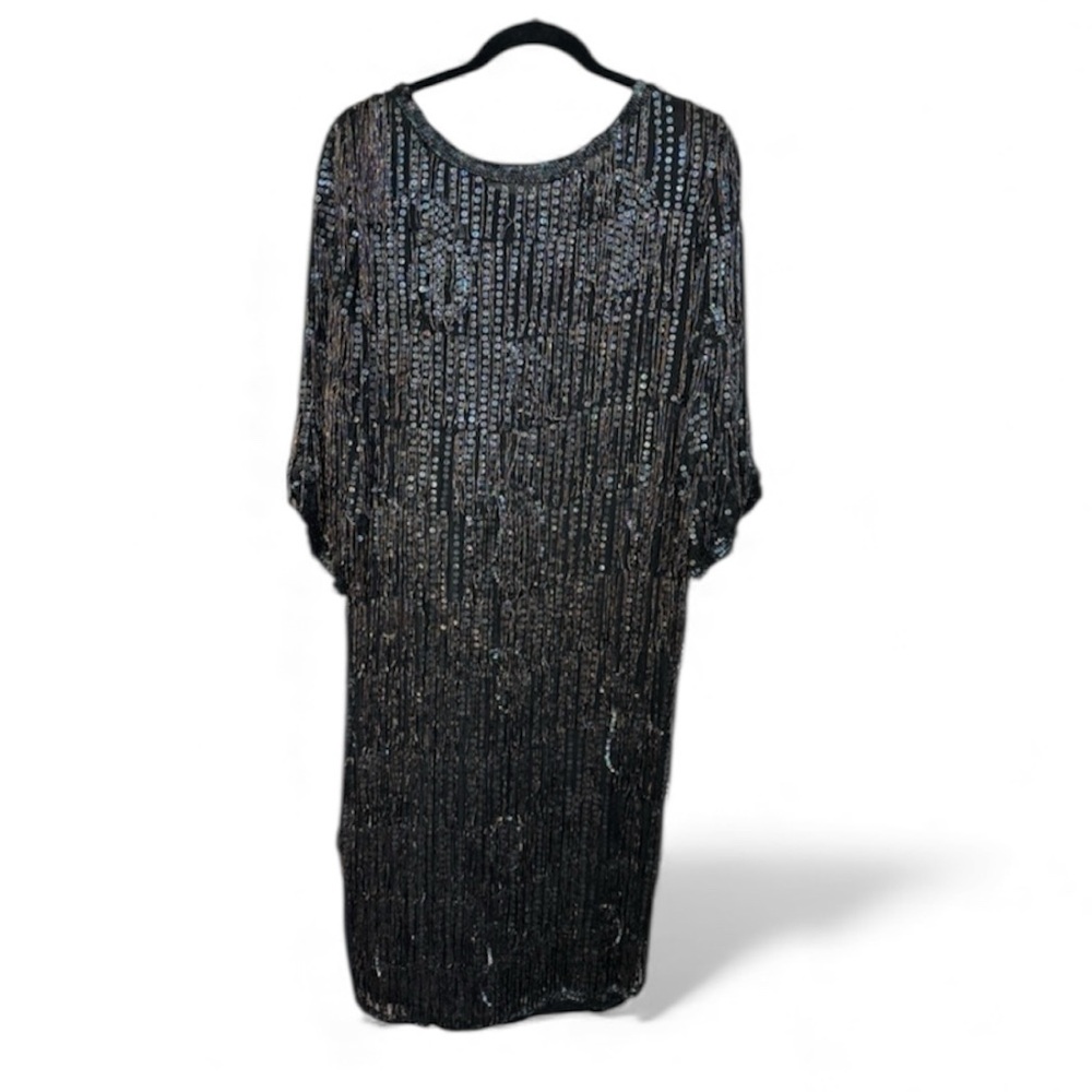 Vintage 100% Silk 3/4 Length Beaded Sequin Fringe Dress Size Medium